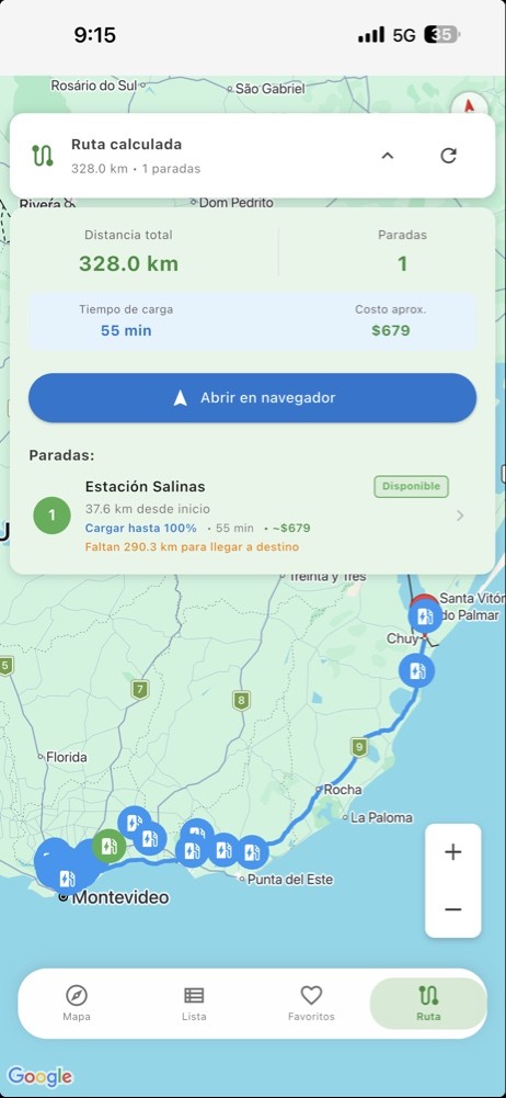 Ruta planificada en la aplicación uruguay electrico para ir desde montevideo al Chuy Rocha, qué paradas realiar y cargadores cercanos