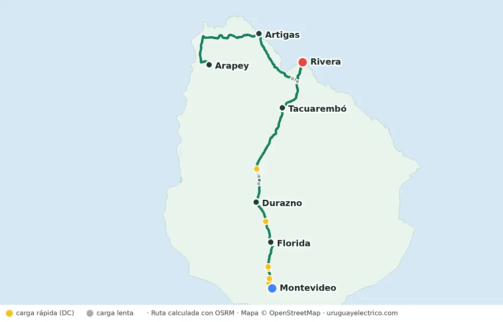 Ruta Montevideo – Tacuarembó – Rivera y de Rivera a las Termas del Arapey por Artigas, con cargadores de la app