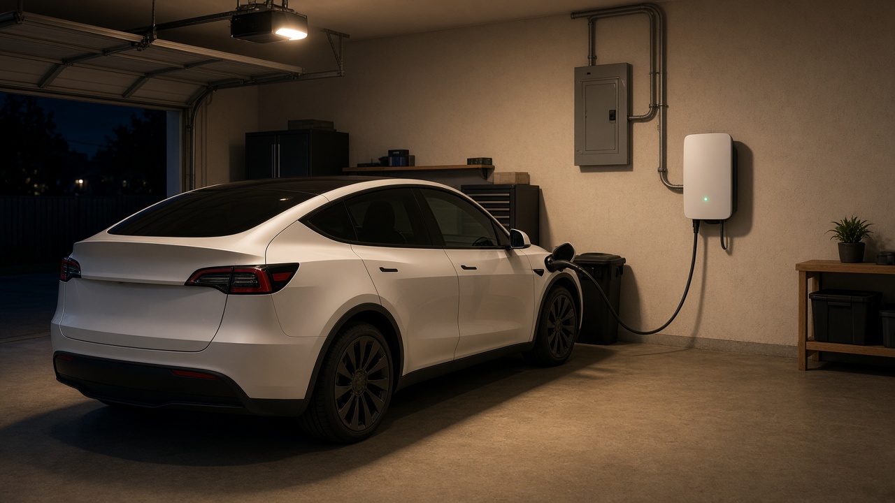 Auto eléctrico cargando en el garaje de una casa con un wallbox de pared