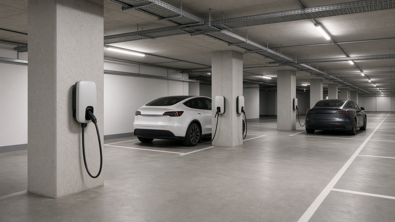 Estacionamiento de un edificio con cargadores para autos eléctricos en las columnas